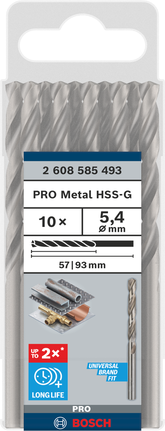 Jogo de brocas helicoidais Bosch PRO Metal HSS-G de 5,4 mm, 10 peças.